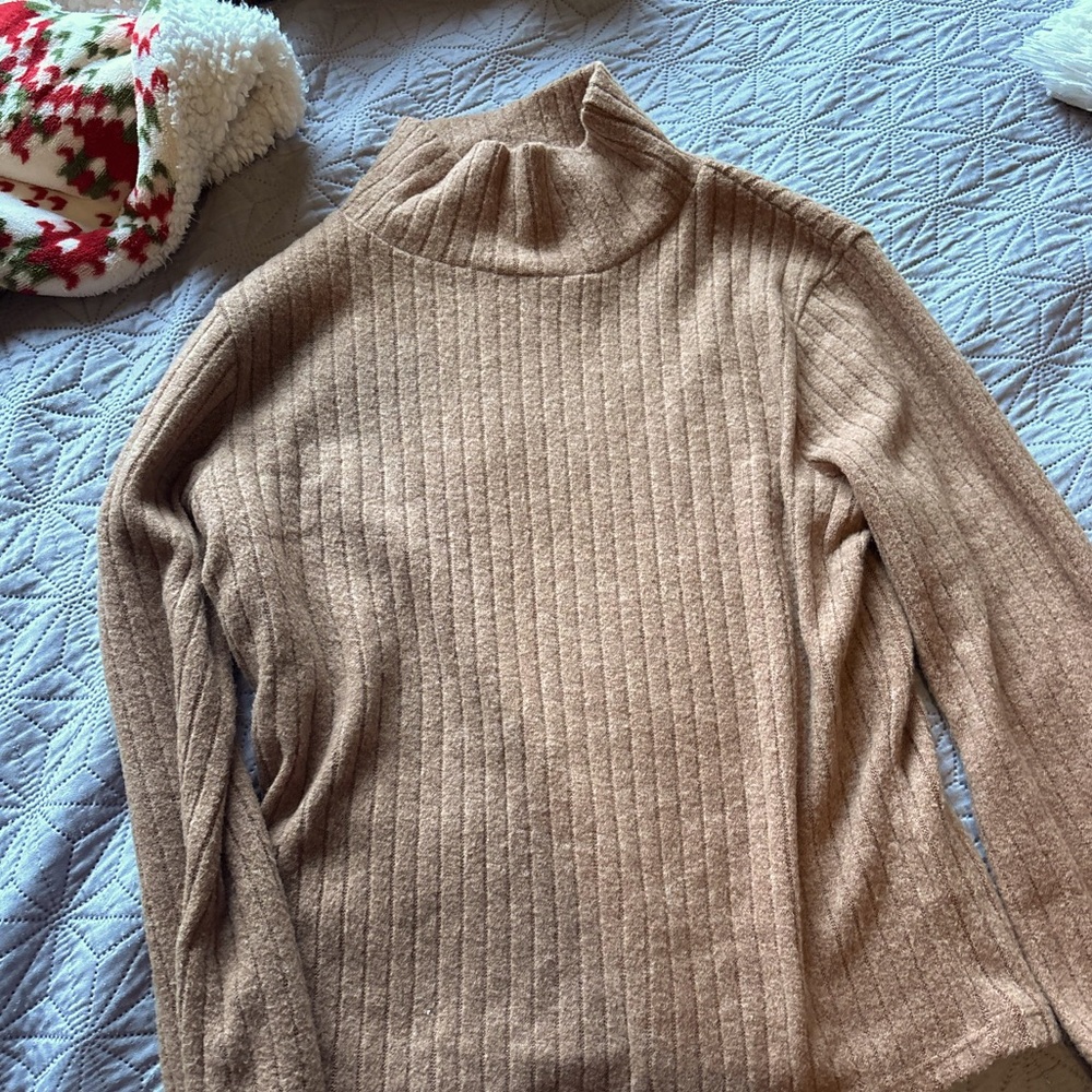 Tan turtleneck sweater.